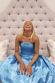 A-Line Strapless Sleeveless Empire-Waist Satin Long Prom Dress with Bow