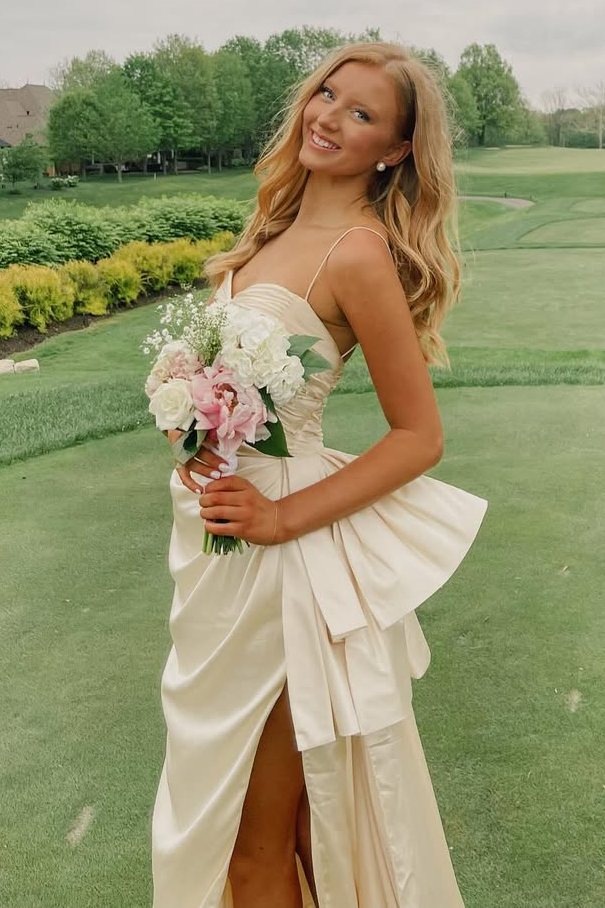 Spaghetti Straps Keyhole Satin Pleats High Slit Long Prom Dress