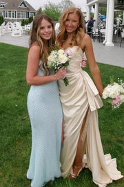 Spaghetti Straps Keyhole Satin Pleats High Slit Long Prom Dress