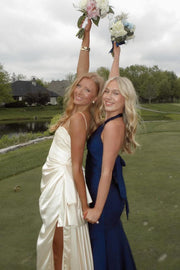 Spaghetti Straps Keyhole Satin Pleats High Slit Long Prom Dress