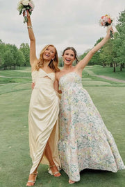 Spaghetti Straps Keyhole Satin Pleats High Slit Long Prom Dress