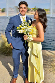 Yellow Spaghetti Straps V-Neck Ruffles Sleeveless Satin Long Prom Dress