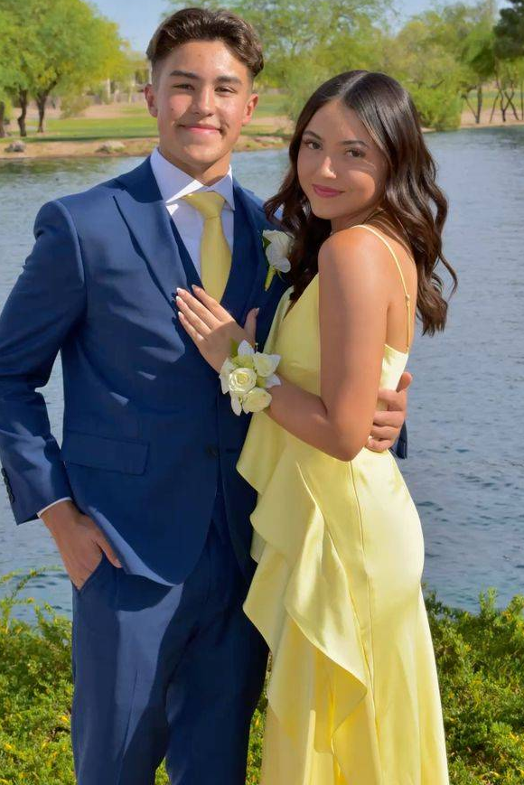 Yellow Spaghetti Straps V-Neck Ruffles Sleeveless Satin Long Prom Dress