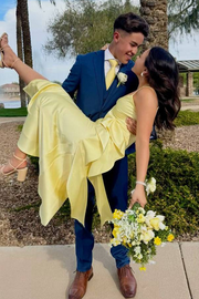 Yellow Spaghetti Straps V-Neck Ruffles Sleeveless Satin Long Prom Dress