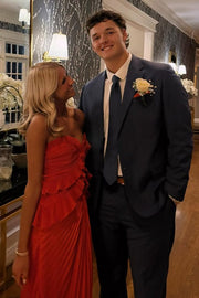 Red Strapless V-Neck Ruffles Sleeveless Pleated Long Prom Dress