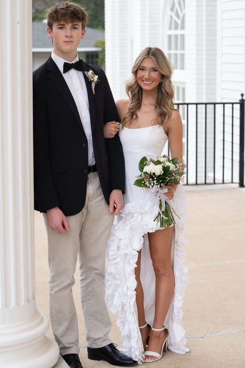 White Strapless Scoop Neck Ruffles Sleeveless High Slit Long Prom Dress