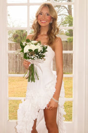 White Strapless Scoop Neck Ruffles Sleeveless High Slit Long Prom Dress