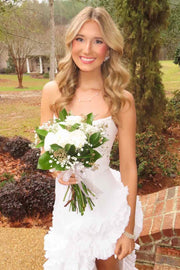 White Strapless Scoop Neck Ruffles Sleeveless High Slit Long Prom Dress