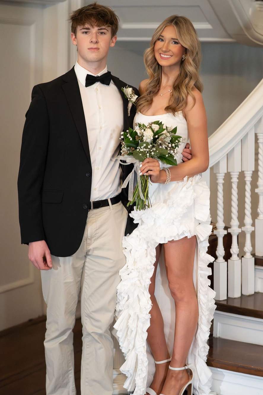 White Strapless Scoop Neck Ruffles Sleeveless High Slit Long Prom Dress