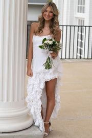 White Strapless Scoop Neck Ruffles Sleeveless High Slit Long Prom Dress