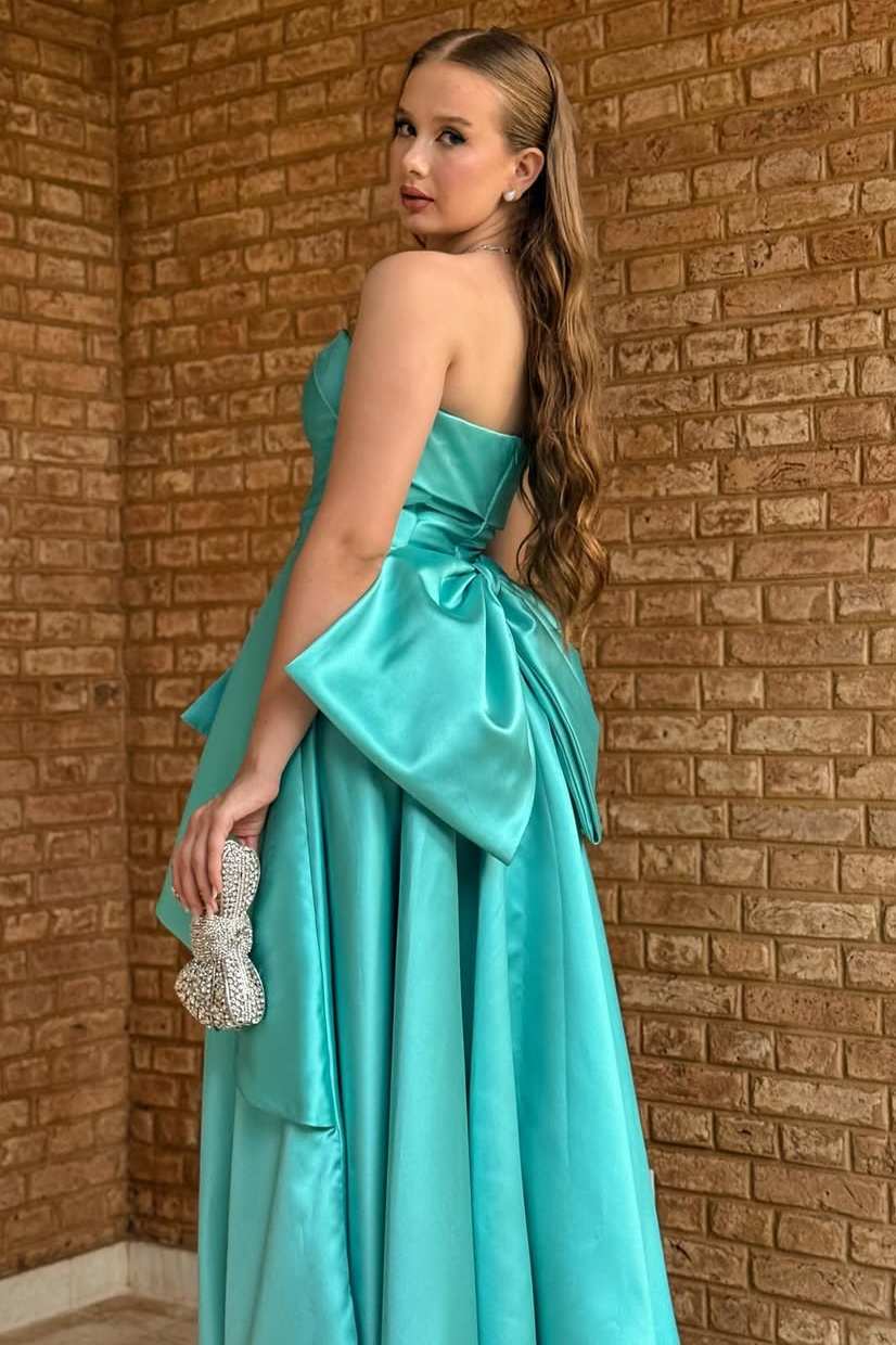Green A-Line Strapless Empire-Waist Ruffles Satin Long Evening Prom Dress