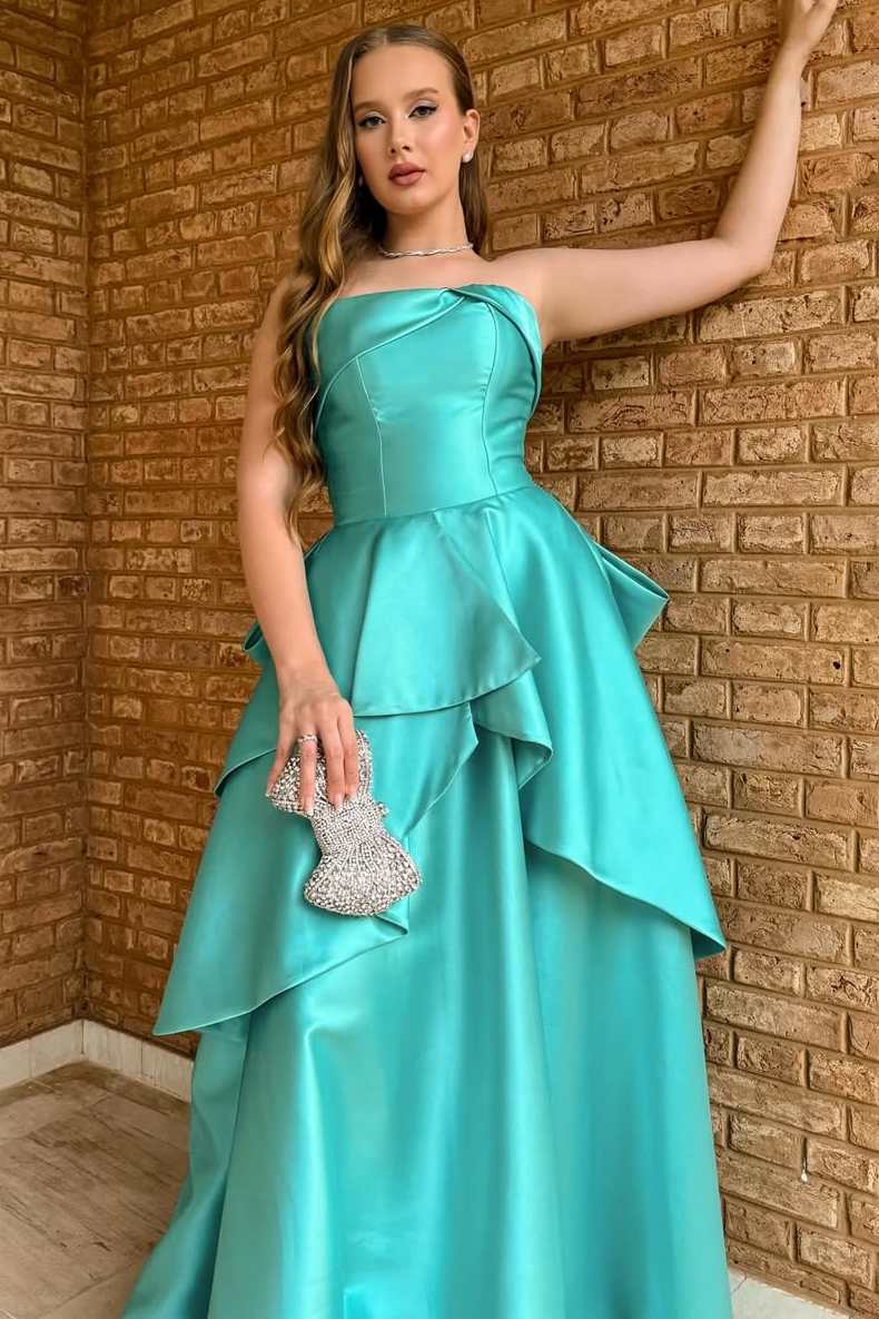 Green A-Line Strapless Empire-Waist Ruffles Satin Long Evening Prom Dress