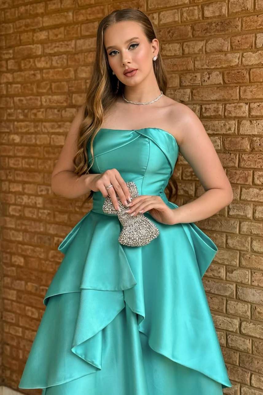 Green A-Line Strapless Empire-Waist Ruffles Satin Long Evening Prom Dress
