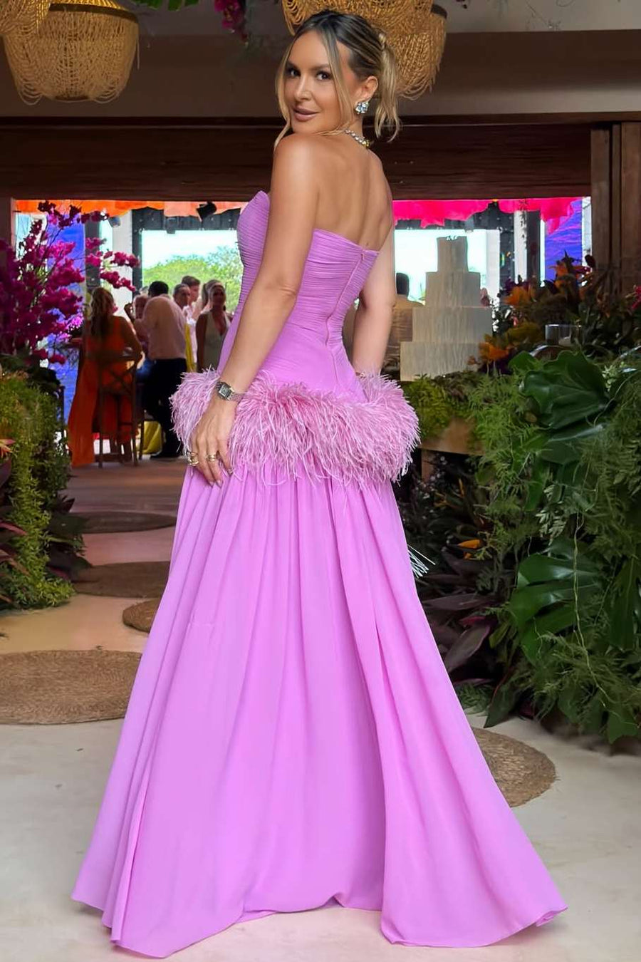 Elegant A-Line Strapless Empire-Waist with Feathers Evening Prom Dress