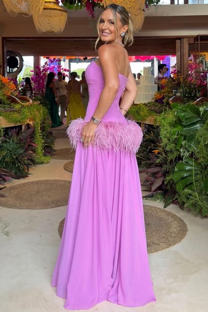 Elegant A-Line Strapless Empire-Waist with Feathers Evening Prom Dress