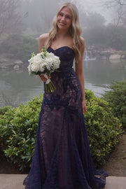 Sweetheart Strapless Lace Appliques Sleeveless Tulle Mermaid Prom Dress
