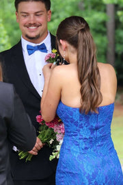 Exquisite Blue Strapless Lace Appliques Scoop Neck Mermaid Long Prom Dress