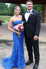 Exquisite Blue Strapless Lace Appliques Scoop Neck Mermaid Long Prom Dress