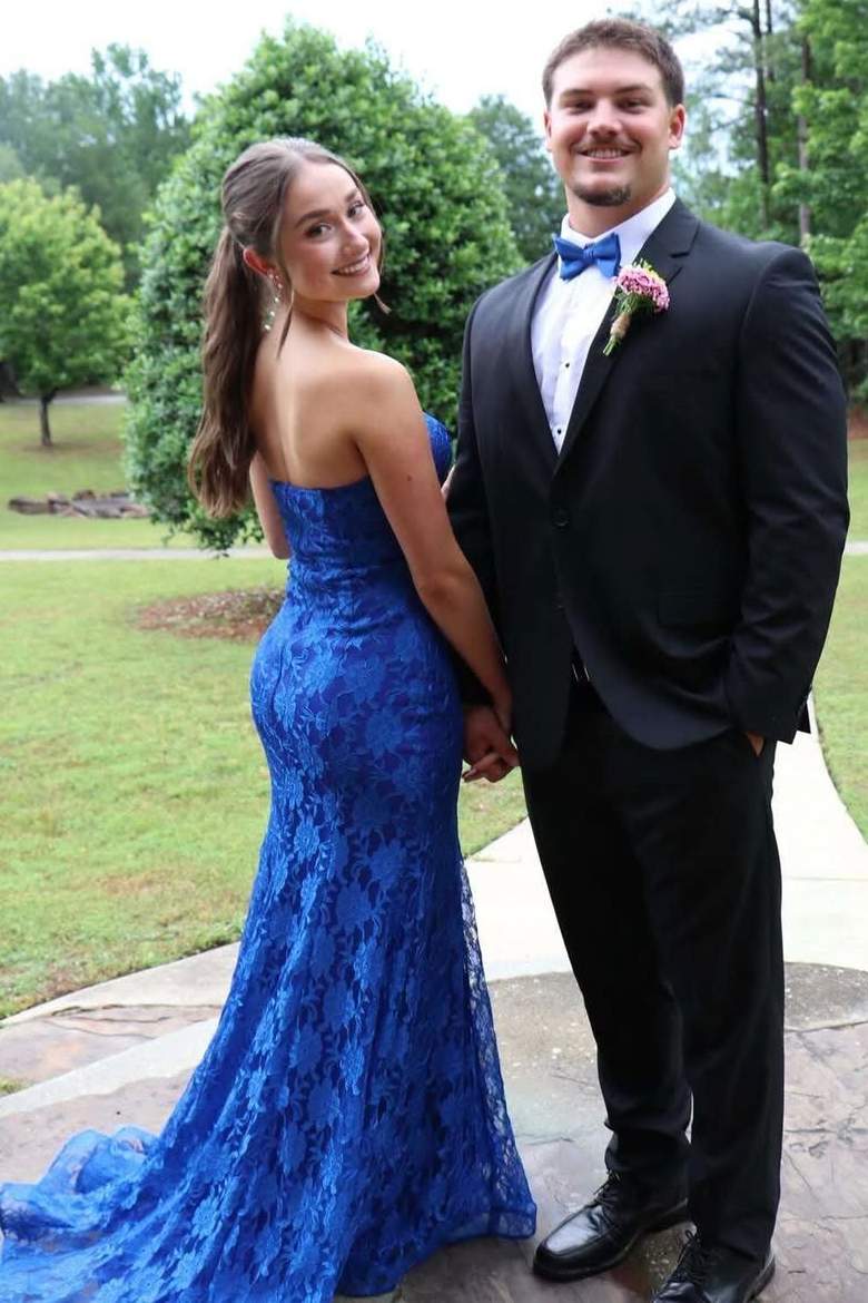 Exquisite Blue Strapless Lace Appliques Scoop Neck Mermaid Long Prom Dress