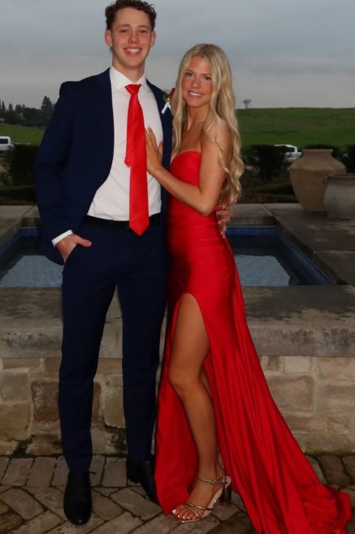 Red Strapless Pleats Satin High Slit Mermaid Long Party Prom Dress