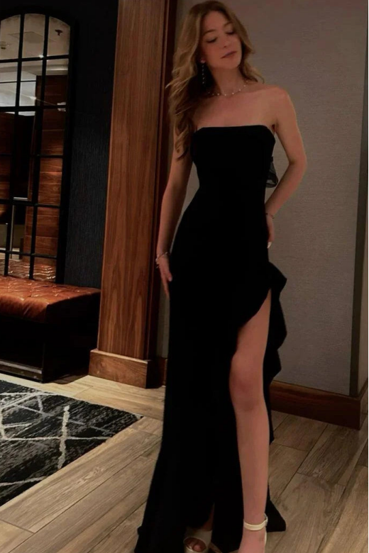 Black Strapless High Slit Ruffles Sleeveless Evening Prom Dress with Bow