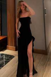 Black Strapless High Slit Ruffles Sleeveless Evening Prom Dress with Bow