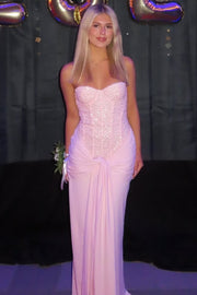 Pink Strapless Twist Sleeveless Mermaid Long Party Prom Dress with Sequin
