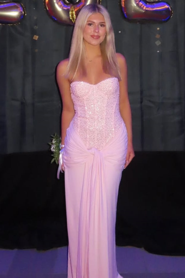 Pink Strapless Twist Sleeveless Mermaid Long Party Prom Dress with Sequin