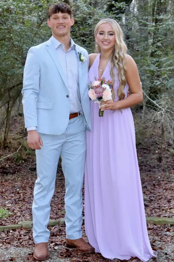 Lilac Halter A-Line V-Neck Empire-Waist Chiffon Long Prom Dress