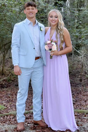 Lilac Halter A-Line V-Neck Empire-Waist Chiffon Long Prom Dress