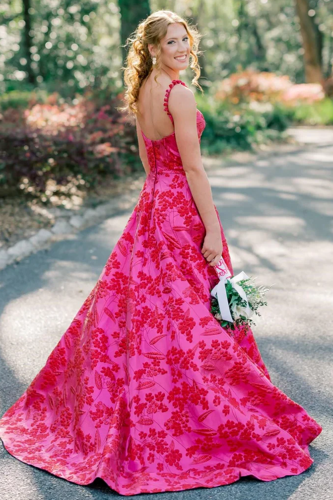 Stunning Pink A-Line Straps Empire-Waist Floral Long Prom Dress with Slit