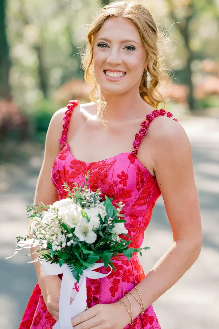 Stunning Pink A-Line Straps Empire-Waist Floral Long Prom Dress with Slit