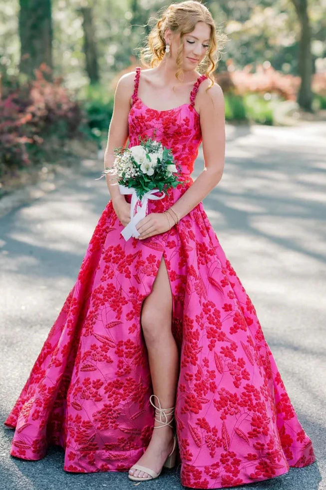 Stunning Pink A-Line Straps Empire-Waist Floral Long Prom Dress with Slit