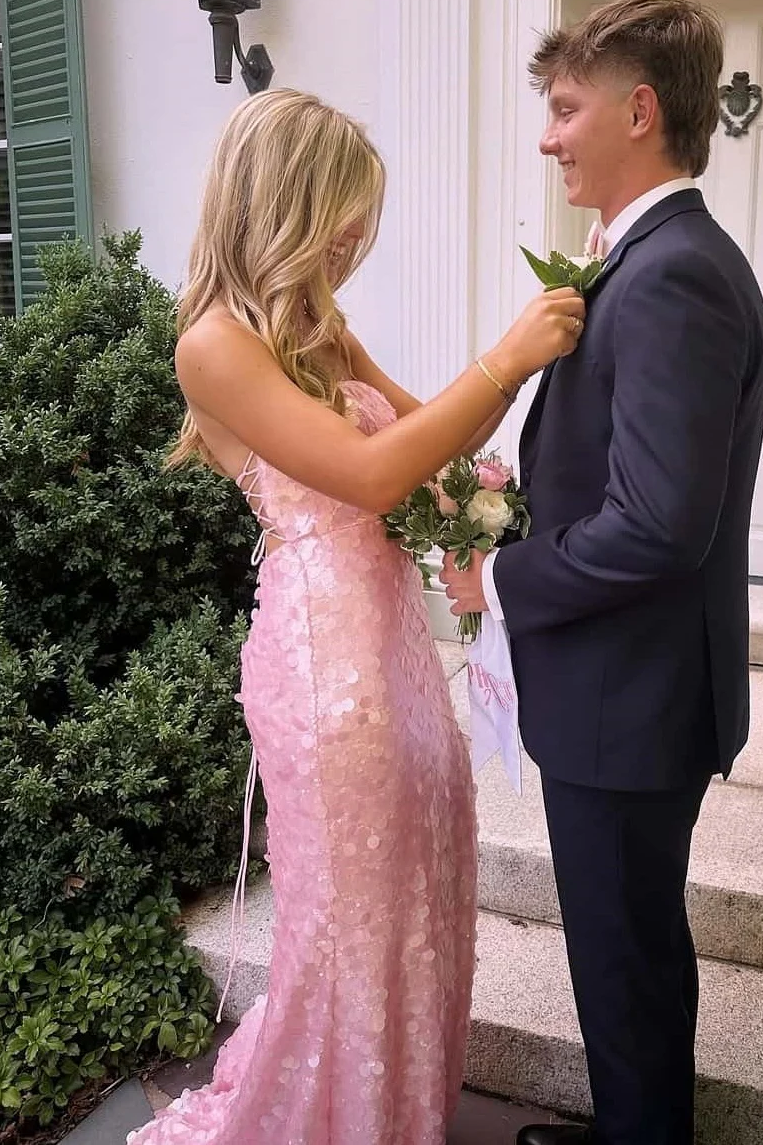 Pink Strapless Sparkly Mermaid Side Slit Sequined Prom Dress