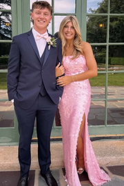 Pink Strapless Sparkly Mermaid Side Slit Sequined Prom Dress