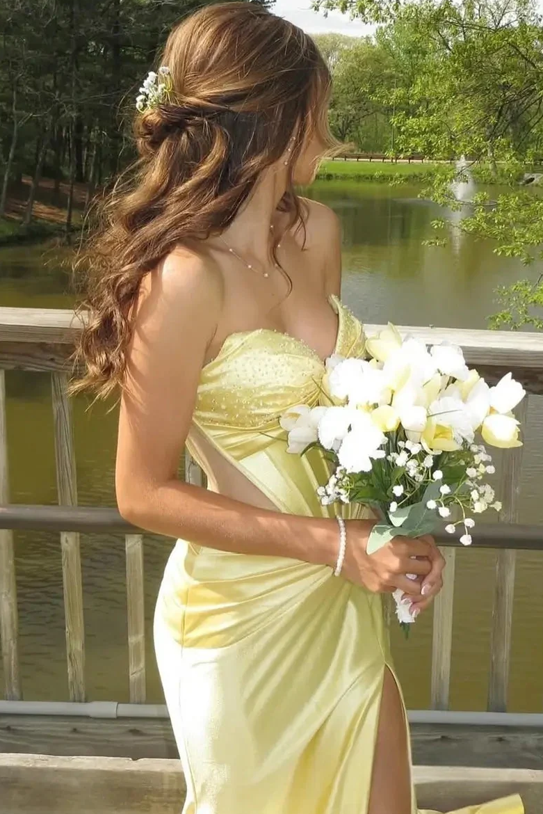 Yellow Strapless Sweetheart Pleats Mermaid Long Prom Dress with Slit
