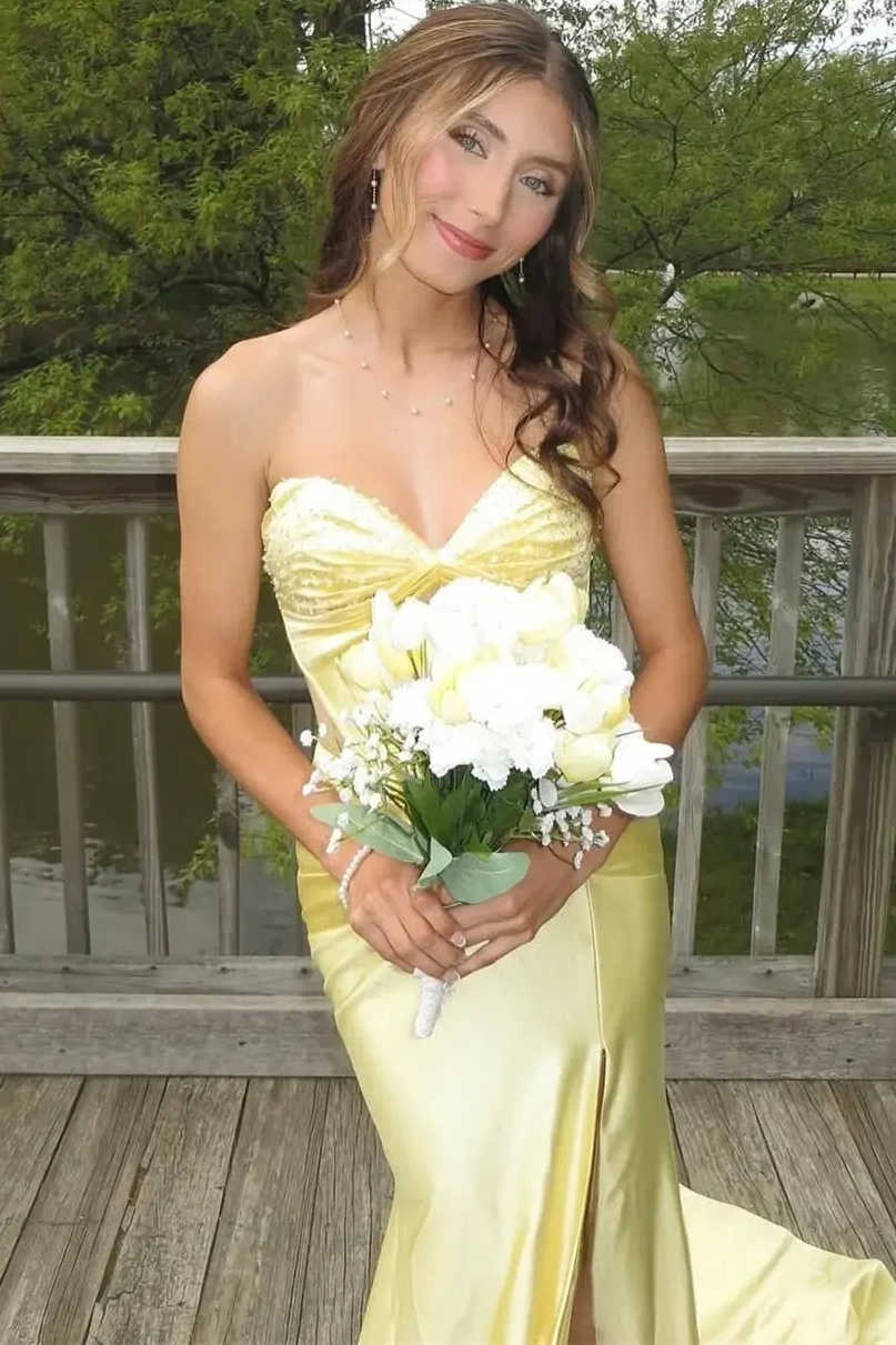 Yellow Strapless Sweetheart Pleats Mermaid Long Prom Dress with Slit