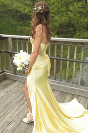 Yellow Strapless Sweetheart Pleats Mermaid Long Prom Dress with Slit