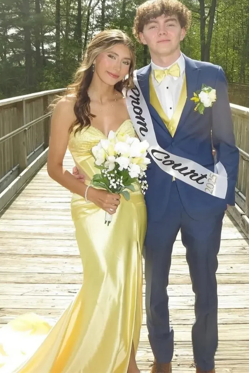 Yellow Strapless Sweetheart Pleats Mermaid Long Prom Dress with Slit