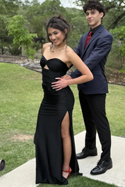 Black Strapless Twist Satin Pleats Sleeveless Long Prom Dress with Slit