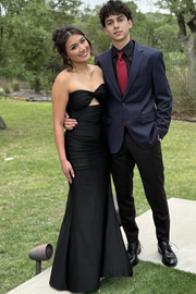 Black Strapless Twist Satin Pleats Sleeveless Long Prom Dress with Slit