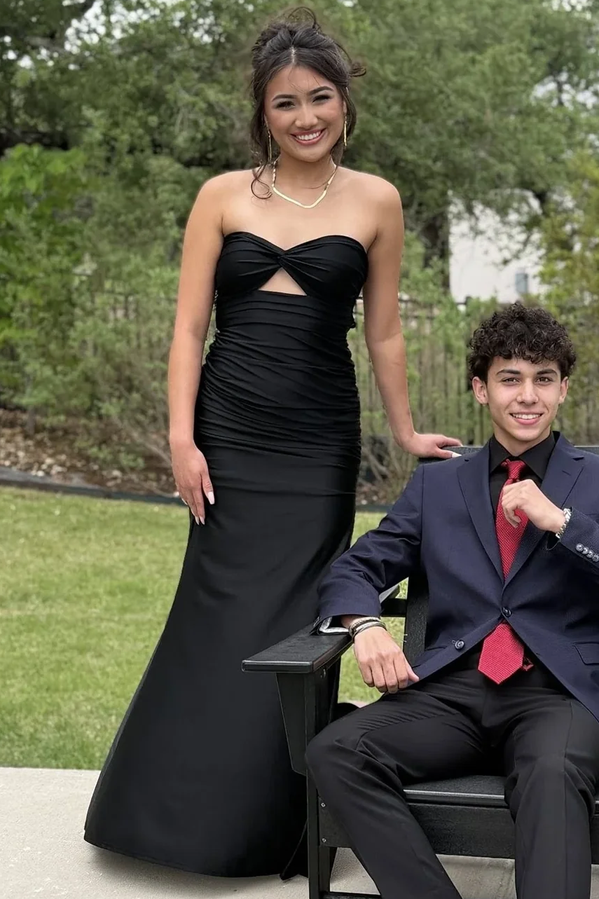 Black Strapless Twist Satin Pleats Sleeveless Long Prom Dress with Slit