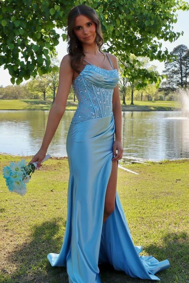 Spaghetti Straps Appliques Scoop Neck Pleats Mermaid Prom Dress with Slit