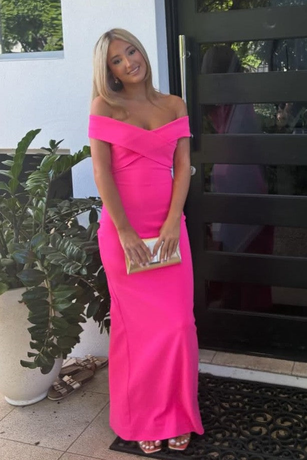 Hot Pink Off-Shoulder V-Neck Satin Fitted Long Evening Prom Dress