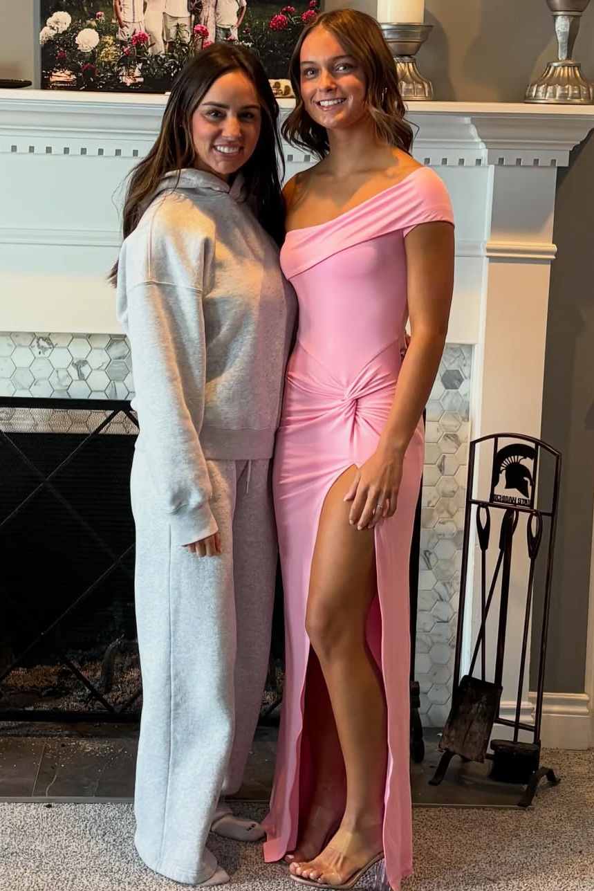 Pink One Shoulder Twist High Slit Satin Sleeveless Long Prom Dress
