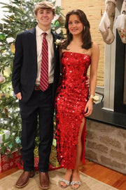 Red Strapless Scoop Neck Sequined Sleeveless Prom Dress with Slit