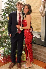 Red Strapless Scoop Neck Sequined Sleeveless Prom Dress with Slit