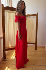 Off-Shoulder Chiffon Ruffles Fitted Red Long Evening Prom Dress