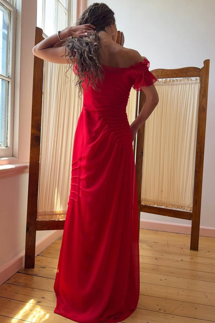 Off-Shoulder Chiffon Ruffles Fitted Red Long Evening Prom Dress