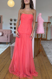 Pink Strapless Scoop Neck Pleated Sleeveless Tulle Long Prom Dress